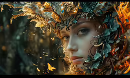 a beautiful woman with feathers all over her face