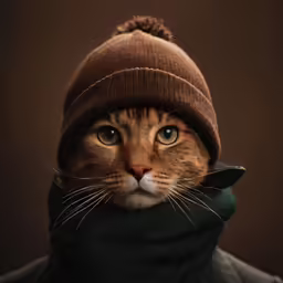 a cat with a hat on, wearing a scarf