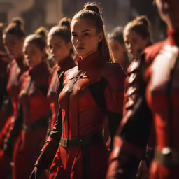 a group of girls wearing red leather outfits in a line