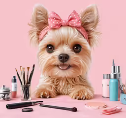 a dog sitting next to an assortment of makeup