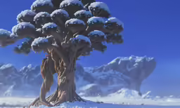 a very tall tree sitting on top of a snow covered field