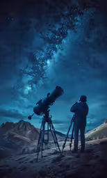 a man standing next to a telescope watching the stars