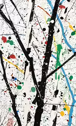 an abstract drawing of trees with paint splats on them