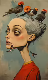 the woman has birds on her head, while birds sit on her head