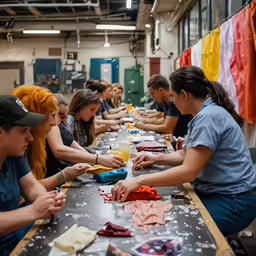 a group of girls sitting at a table making t - shirts