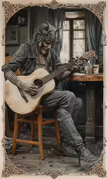 a man wearing a mask sits and plays a guitar