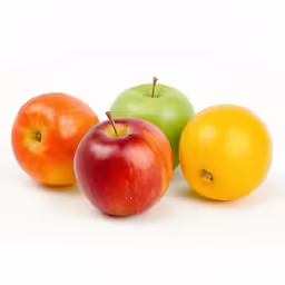 three apples and one orange are shown next to a lemon