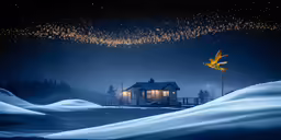 a cabin on a snowy hill with night lights