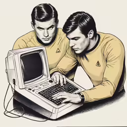 two men sitting at a laptop with a computer on the top