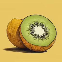 a kiwi sliced up and sitting on a yellow background