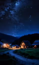 stars, a trail and mountains are in the sky above the houses