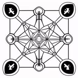 black and white graphic art of circles, a star with seven keys,a black and white picture of a pentagramil,a cross with eight circles and five faces on it,the symbol for the person and their four circles,the nine - sided metator, with several icons in the center