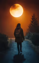 the back of a person standing on a road with a full moon in the background
