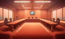 a large room with orange walls and long tables