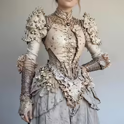 a woman dressed in a full dress and jacket