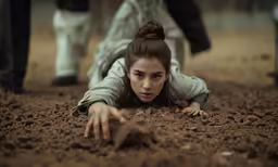 a girl laying on the ground, in a dark photo