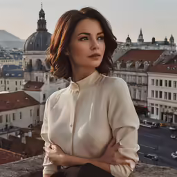 a woman poses in front of a large city