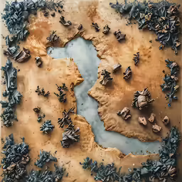 an aerial photo of terrain with rocks, grass and water