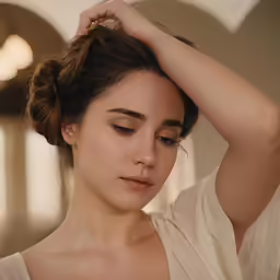 a woman has her hair pinned in an updo