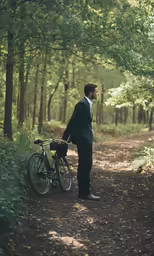 a man in business attire with bicycle on a path