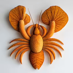 an unusual insect made from yellow leaves on white background