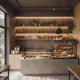 a kitchen filled with lots of shelves filled with pots