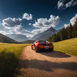 a sports car driving down the middle of a dirt road