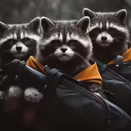 three raccoons sitting on top of luggage bags