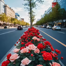 some cars on a street and a bunch of flowers