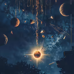 a space scene with planets and an airplane