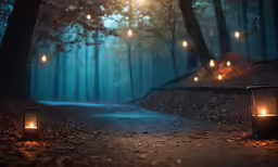 two lanterns on a path that is surrounded by trees