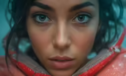 a close up of a female with a pink top and blue eyes