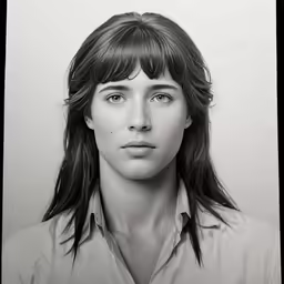a woman wearing a blouse looking straight ahead
