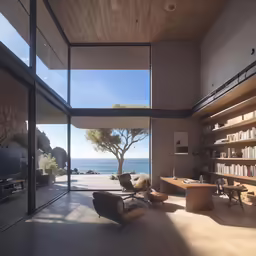 a living room with an ocean view is shown