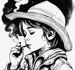a young girl is wearing a hat and smoking a cigarette,a drawing of a young boy with a hat on holding a cigarette