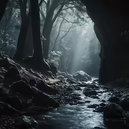 a stream that is in a very dark forest