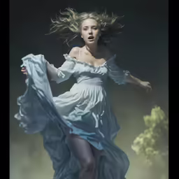 a woman in a dress is standing with her head in the wind
