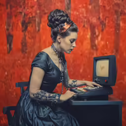 a woman is sitting at a desk with an old fashioned computer