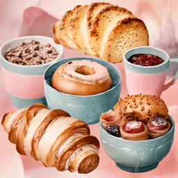 there are various pastries in bowls with bowls with different fillings,an advertisement with many pastries and pastry items