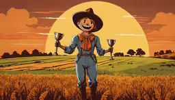 cartoon woman standing in a wheatfield wearing a cowboy outfit,a cartoon cowboy standing in a field
