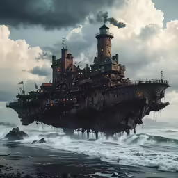 an old, rusty floating city with a tower like structure in the middle of the ocean