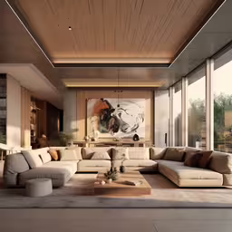 a living room filled with furniture and lots of windows,a modern living room has many sofas