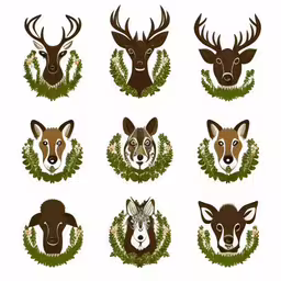 six different heads of deer, one in the middle,twelve animals in a wreath with leaves,different wildlife heads and branches with flowers around them,a group of twelve animals heads in wreaths,deer heads and wreaths with ferns
