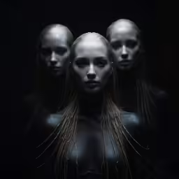 three naked women standing in a dark room