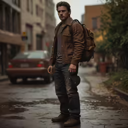 a man in a jacket and backpack standing on a rainy street