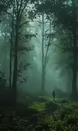 the person is walking through a foggy forest