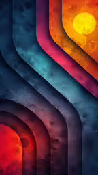 a dark, abstract graphic design featuring bright colored lights,multiple colored lines of dark blue, orange and yellow