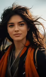woman with very long hair and big bright eyes with wind streaming behind her