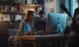 a man and woman look at an apple laptop computer