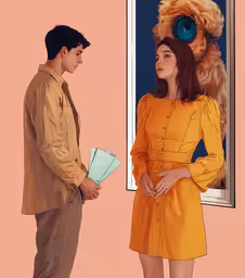 a man and woman standing by the window looking at each other,a man holding a blue piece of paper next to a woman